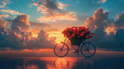 Obraz premium A Vintage Bicycle Carrying a Basket of Red Roses at Sunset