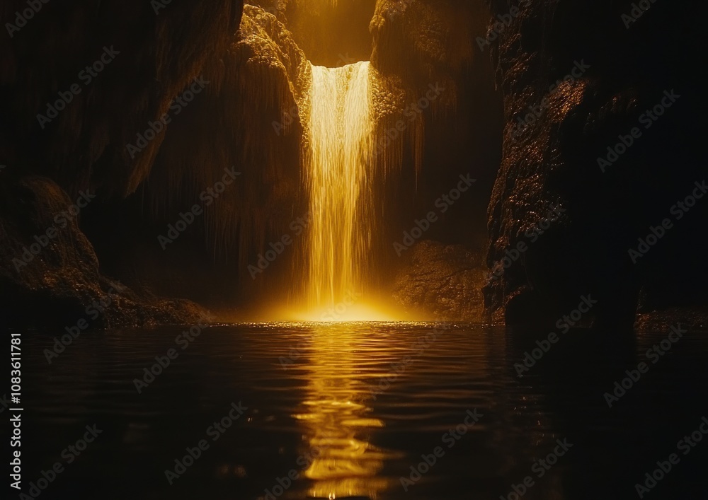 Poster golden waterfall cascading into a dark pool