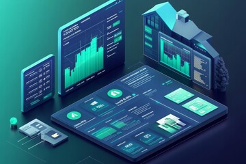 Digital dashboard displaying property loan options, detailed charts, sleek modern design, blue and green tones, 3D illustration