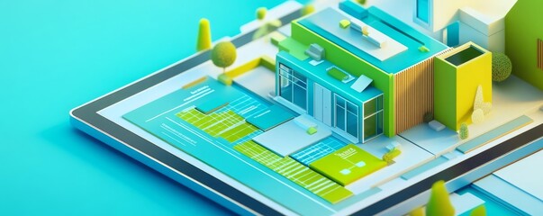 Detailed amortization chart on a digital tablet, vibrant green and blue colors, modern home background, 3D style