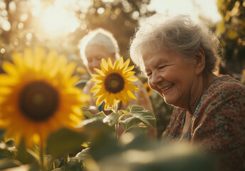 A happy senior woman smiles, looking at sunflowers. Two other seniors are in the background