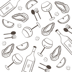 オイスターバー、牡蠣とワインの線画背景