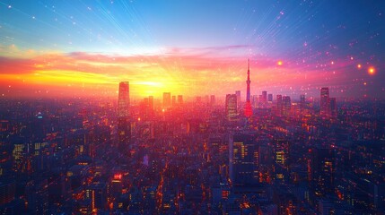 Obraz premium Cityscape with Skyscrapers and Light Trails at Sunset