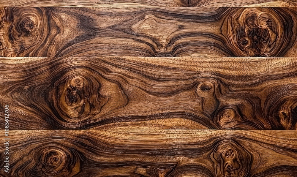 Poster close-up of three wooden planks showcasing intricate grain patterns with knots and swirls.
