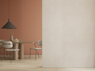 Japandi style dining room mock up with table , chairs and empty wall space , 3d rendering