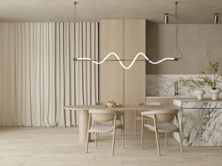 Modern japandi style kitchen and dining room with island , table and chairs , 3d rendering
