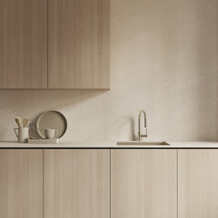 Modern wooden kitchen close up design with sink and decor , 3d rendering