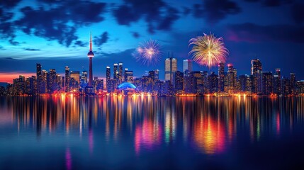 Naklejka premium Toronto Skyline with Fireworks Display Reflected in the Water