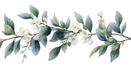 Obraz premium Watercolor Painting of a Branch with White Flowers and Green Leaves