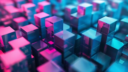Obraz premium A vibrant abstract composition of translucent cubes in pink and blue hues, suggesting depth and dimension.