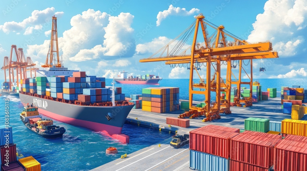 Poster container ship docking at a busy port with large cranes under a sunny sky