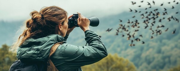 Fototapeta premium Female Zoologist Observing Bird Through Binoculars in Scenic Outdoor Setting