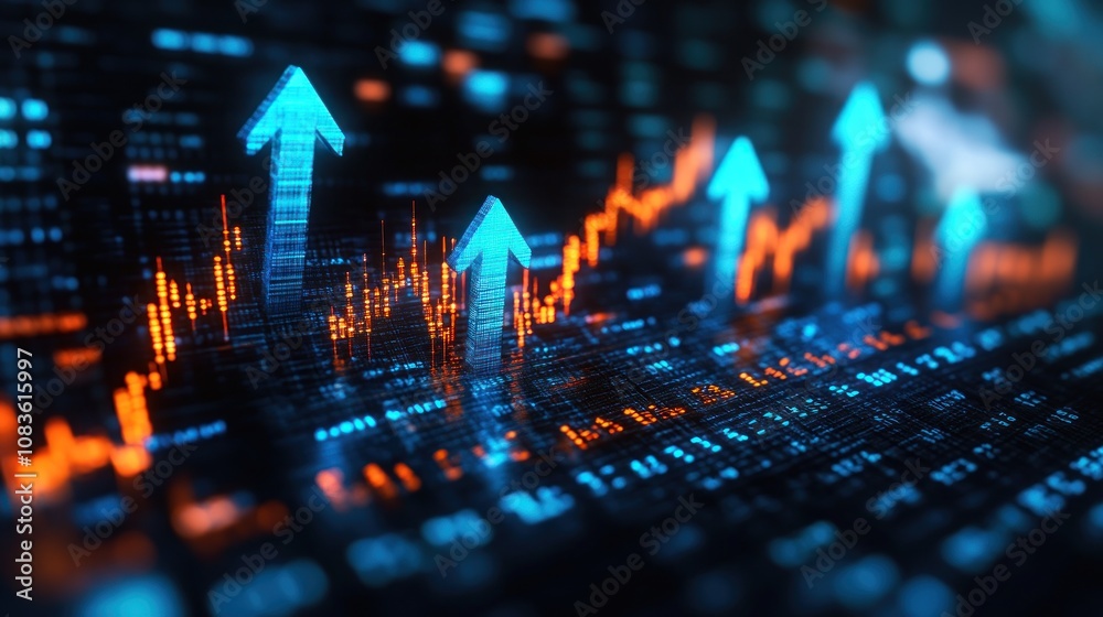 Poster illuminated blue upward arrows on a digital grid with orange lines