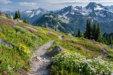 Fototapeta premium Scenic mountain trail surrounded by vibrant wildflowers and majestic peaks.
