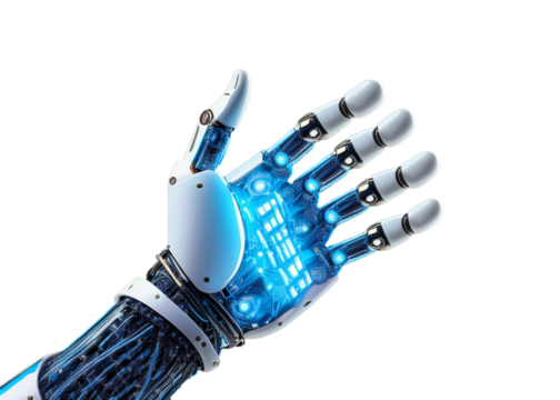 "Futuristic robotic hand with intricate details, symbolizing advanced technology, AI, and innovation. Perfect for tech presentations, AI concepts, and futuristic themes."