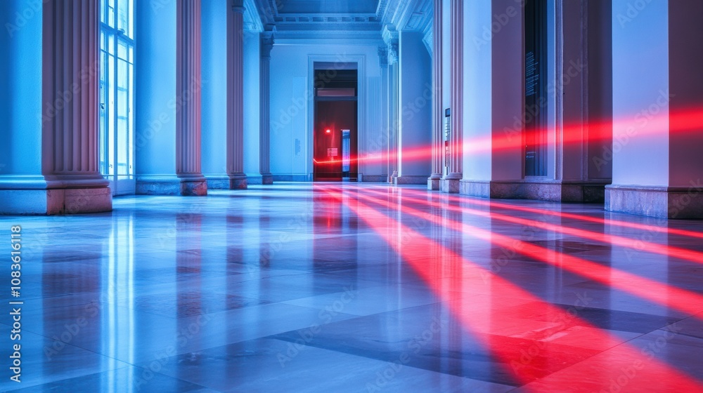 Aufkleber red laser beams crisscross a sleek hallway, creating a striking visual effect in a contemporary buil