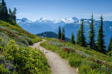 Fototapeta premium Scenic mountain path through vibrant wildflowers and tall trees under a clear blue sky.