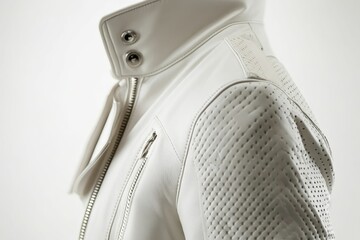 White leather jacket with zipper and perforated detail.