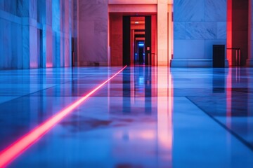 Red laser security beams traverse the shiny marble floor of a modern building, enhancing the sleek design under nighttime lighting. Generative AI