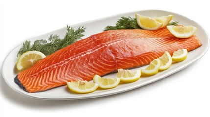 Whole Roasted Salmon Fillet on White Ceramic Platter: Professional Food Photography with Lemon Wedges and Fresh Dill in a Clean, Commercial Composition.