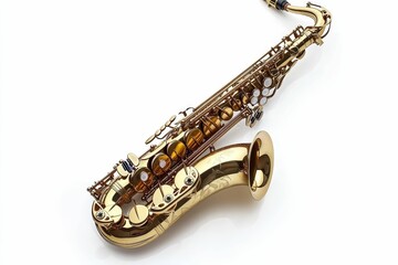 A shiny golden saxophone on white background.