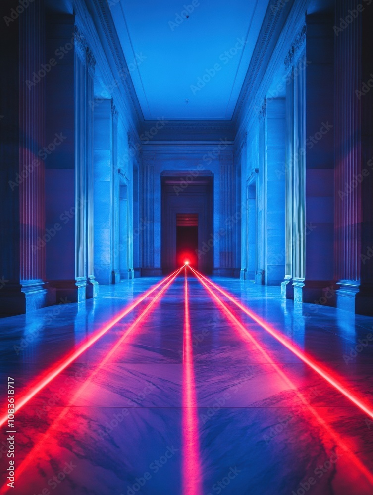 Poster bright red laser beams cross a darkened corridor in an architectural space, enhancing the atmosphere