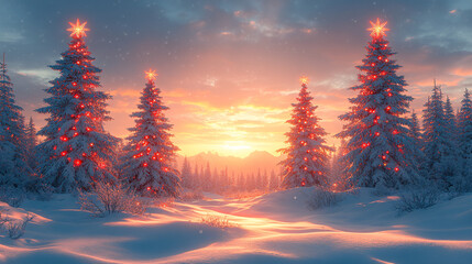 A magical winter landscape ideal for Christmas celebrations, showcasing enchanting evergreen trees with ornaments under a serene sunset, perfect for holiday designs.