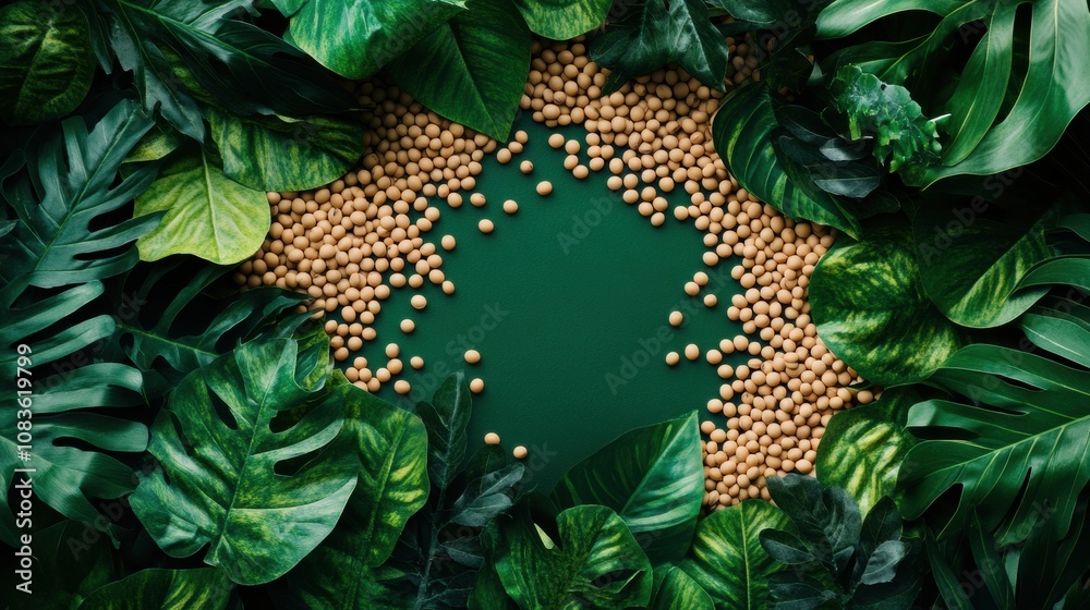 Poster soybeans are artistically placed on a rich green surface among a variety of tropical leaves creating