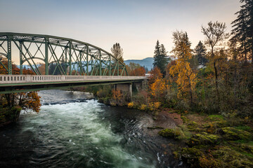 Bridge over the North Fork Santiam River in autumn season. Mill City, Oregon