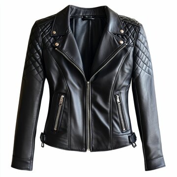 Black leather jacket with zipper and pockets.