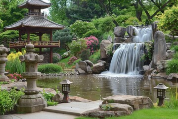 Naklejka premium A serene garden featuring a waterfall, pond, and traditional architecture.