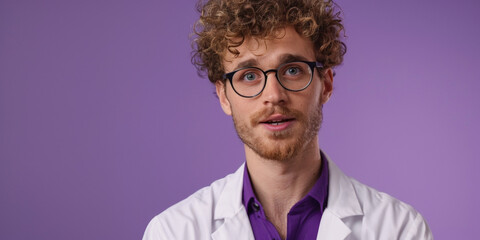 Obraz premium Portrait of a young, curly-haired man with glasses wearing a white lab coat against a purple background, conveying a professional yet approachable demeanor. Perfect for medical or scientific themes