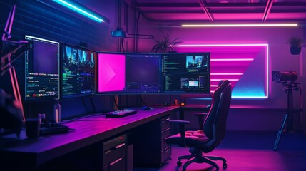 Modern Gaming and Streaming Setup with Neon Lights and Multi-Monitor Display