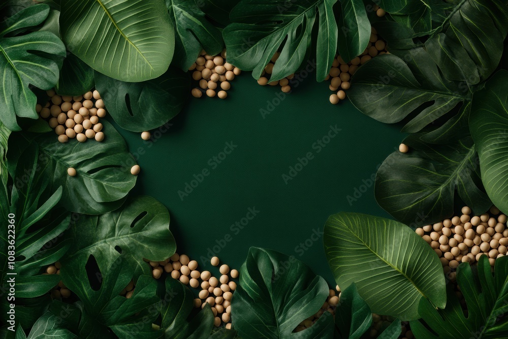 Aufkleber a vibrant collection of soybeans is nestled amid large tropical leaves, creating a fresh and natural