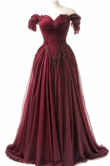 Fototapeta premium A maroon off-the-shoulder gown with embellishments.