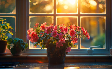 Pink flowers by the sunny window. A vibrant display of pink flowers sits in a pot, illuminated by warm afternoon sunlight streaming through the window.