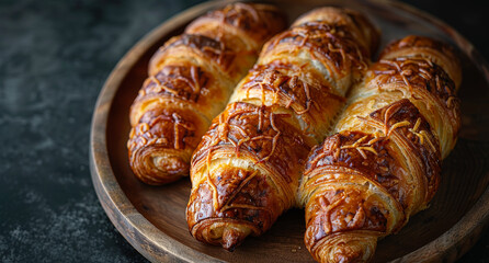 Croissants on a wooden plate in a bakery. Three golden-brown croissants are arranged on a wooden plate, showcasing their flaky texture and delicious aroma.