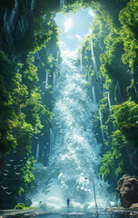 Majestic waterfall cascading in lush green canyon. A person stands in awe before a stunning waterfall pouring down a verdant canyon filled with vibrant life.