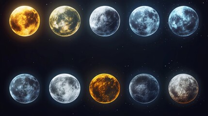 A collection of twelve moons in different phases and colors against a starry night sky.