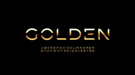 Obraz premium Golden font, digital cyber alphabet made gold style, letters A, B, C, D, E, F, G, H, I, J, K, L, M, N, O, P, Q, R, S, T, U, V, W, X, Y, Z and numerals 0, 1, 2, 3, 4, 5, 6, 7, 8, 9.