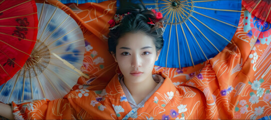 Elegant Japanese woman dressed in a vibrant orange kimono with floral patterns, surrounded by traditional parasols. A stunning portrayal of cultural heritage, grace, and timeless beauty