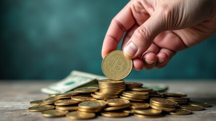 A hand lifts a Bitcoin from a pile of shiny coins, symbolizing cryptocurrency investment amidst a backdrop of dollar bills and wealth