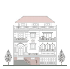 Facade of 4 storeys asymmetrical modern classic house with 3 doors, 10 windows, long balustrade, frame, 6 columns, decoration, canopy, crowns, balcony and trapezoidal roof.