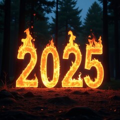 big bonfire with flame fire in shape of number "2025"