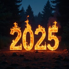 big bonfire with flame fire in shape of number "2025"