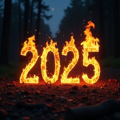 big bonfire with flame fire in shape of number "2025"