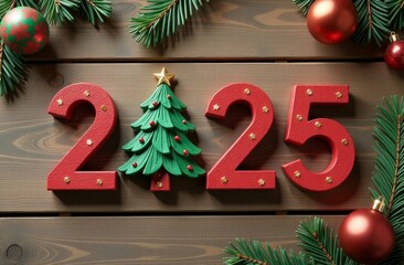 Top down view of small volumetric letters "2025" made from Christmas tree decorations on a wooden table