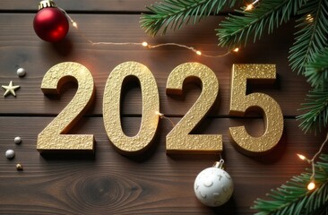 Top down view of small volumetric letters "2025" made from Christmas tree decorations on a wooden table