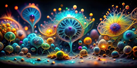 Vibrant Microscopic Organisms in Cyberpunk Microstructures, Silhouette Photography of Intricate Patterns, Bioluminescent Details, Futuristic Designs, Sci-Fi Aesthetics, Nature Meets Technology