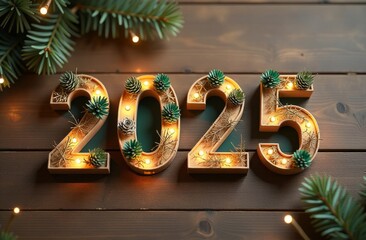 Top down view of small volumetric letters "2025" made from Christmas tree decorations on a wooden table